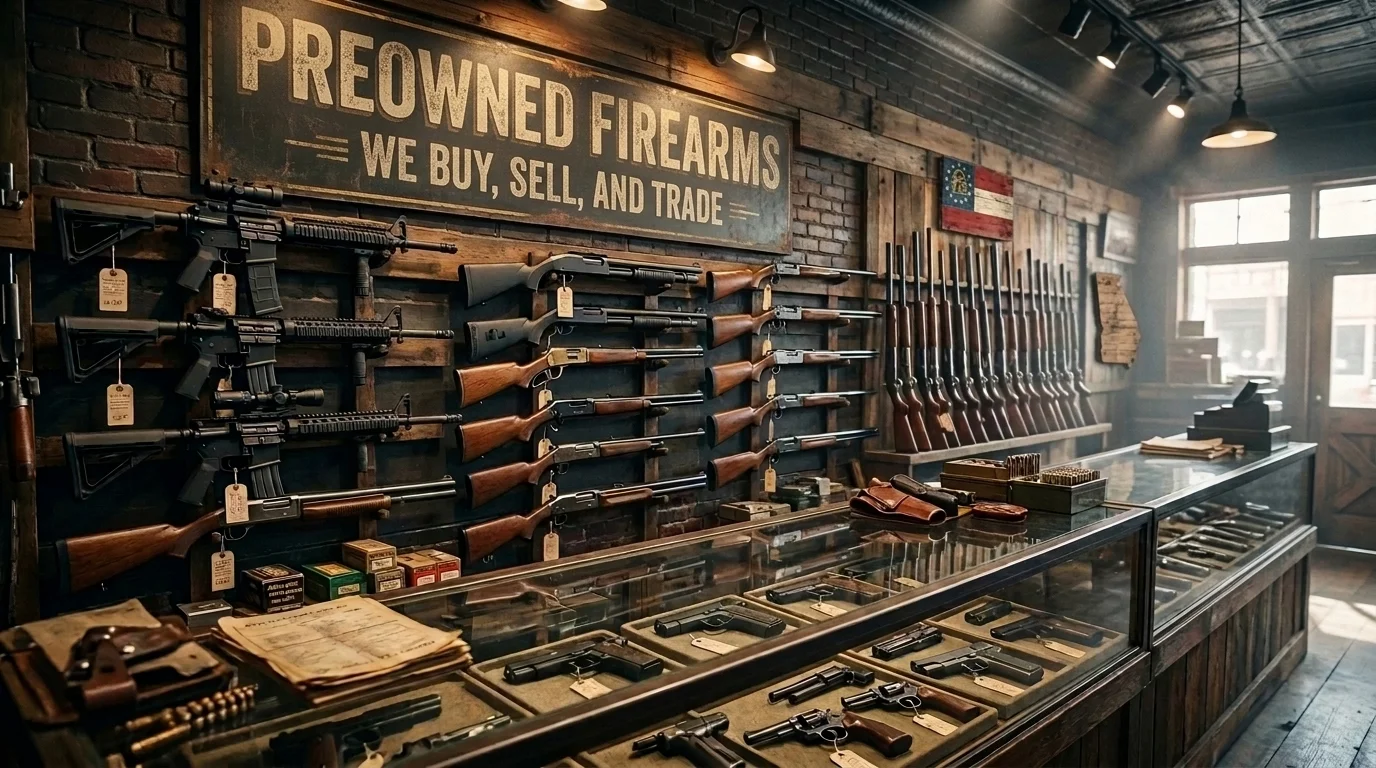 Gun store wall of preowned rifles and shotguns with price tags under a Preowned Firearms sign